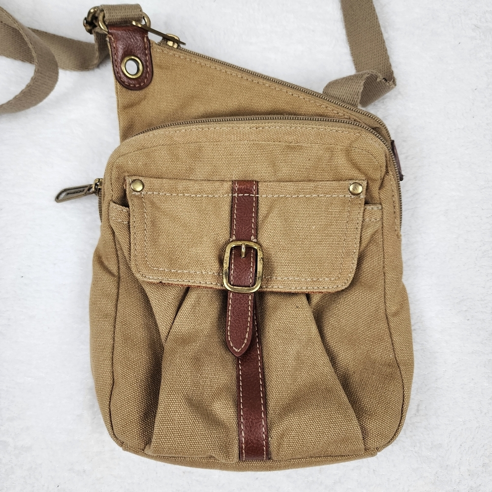 Fossil Tan Canvas Crossbody with Brown Trim